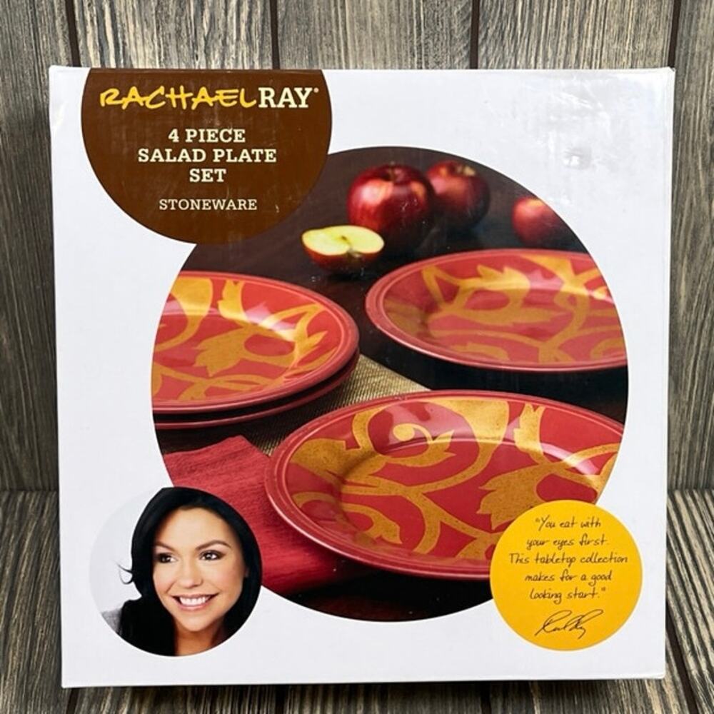 Rachael Ray 4 Piece Salad Plate‎ Stoneware Gold Scroll Cranberry Red 8" Dinner